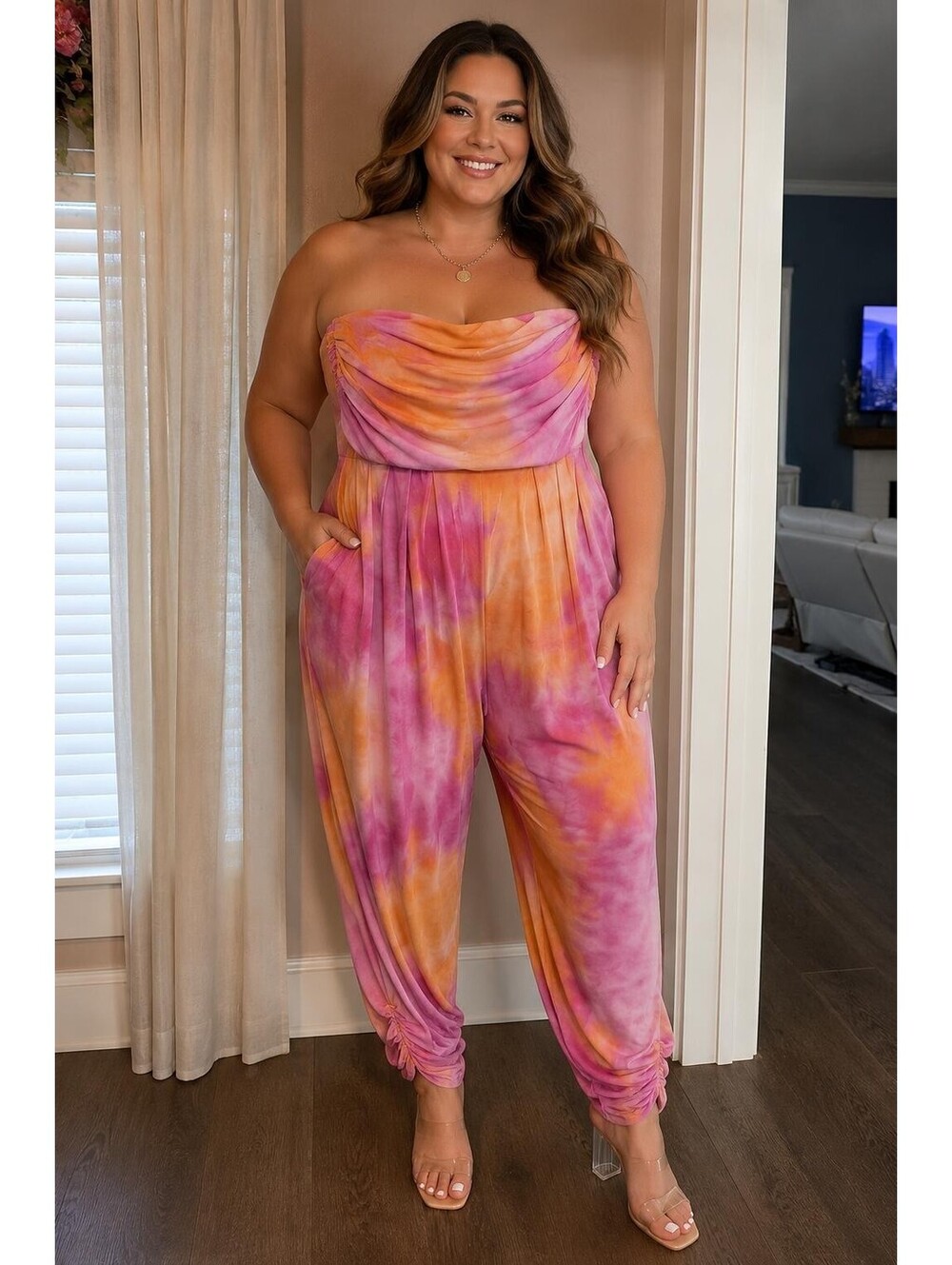 Heart & Hips Jumpsuit 1X NWT Strapless Tie Dye Ruched Ankle Pockets